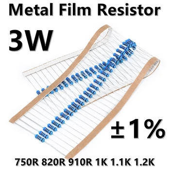 (10pcs) 3W Kovové Film Rezistor 1% päť farebných krúžok presnosť odpor 750R 820R 910R 1K K 1.1 1.2 K ohm Ω