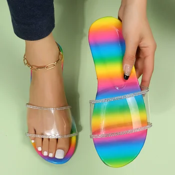 2023 Lete Nové Papuče Módne Farebné Lesklé Crystal Ploché Sandále Vonkajšie Otvorené Prst Pláži Bežné Ženy Sandále Plus Veľkosť 35~42