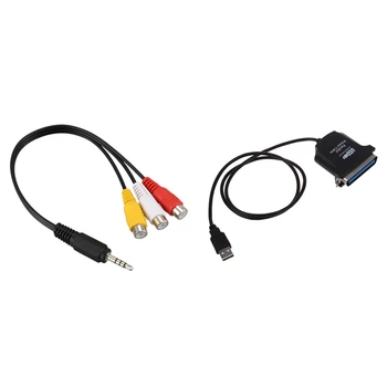 2PC USB Na Paralelnú 36 Pin Centronics Tlačiareň Adaptér Kábel S 3,5 Mm Samec Konektor Do 3 RCA Samica Audio-Video AV Kábel