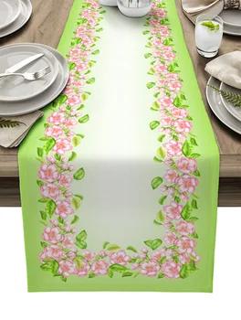 Gradient Zelená Cherry Blossom Bielizeň Stôl Runner Kuchynský Stôl Dekorácie Statku Jedálenský Stôl Handričkou Svadobné Party Decor