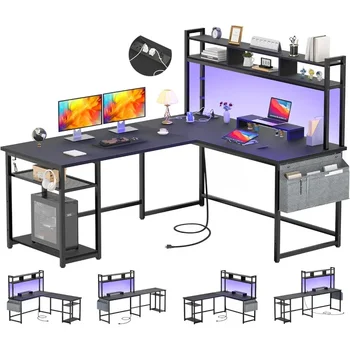 L Tvarované Stôl so elektrickej Zásuvky & LED Pásy, Reverzibilné Rohu Počítač / Herný Stôl s úložná Polička & Stojan Monitora