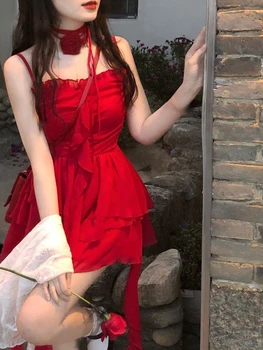 Letné Červená Sexy Podväzkové Šaty Žien Kórejský Štýl Elegantné Party Mini Šaty Žena Prehrabať Flounce Kórejský Módne Šaty 2023 Nové