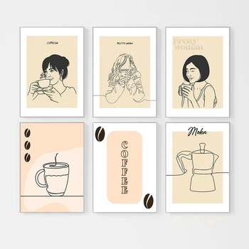 Modulárny Béžová Obrázky, Nordic Štýl Vytlačený Plagát Line Kreslenie Dievča Šálku Kávy Wall Art Plátno Na Maľovanie Pre Kuchyňa Domova