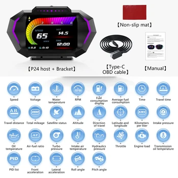 P24 Head Up Display OBD + GPS Tachometer na Doske Počítača s Vodou Temp Spotrebu Paliva Svahu Meter s 10 Alarm Funkcie