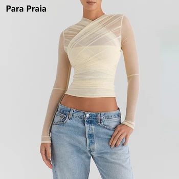 Para Praia, Priehľadnej Sieťoviny Dlhý Rukáv Sexy T-shirt Ženy 2023 Jeseň Nové V Krku Zips Vrstvený Chudá Klubu Strany Sexy Topy