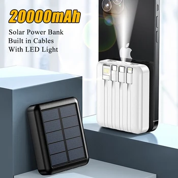 Solar Power Bank 20000mAh Prenosné Powerbank S Káble, LED Svetlo Externá Nabíjačka Batérií Poverbank Pre iPhone 12 13 11 Xiao