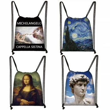 Van Gogh / Michelangelo / Da Vinci Art Print Šnúrkou Taška, Hviezdna Noc / David / Mona Lisa Skladovanie Tašky Ženy Muži Batoh