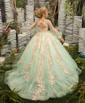 Zelený Kvet Dievča Šaty Flower Girl Dress Nášivka Tylu Celý Rukáv Opuchnuté Pre Svadby, Narodeniny, Party, Prvé Sväté Prijímania, Guľové Šaty
