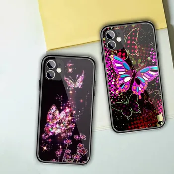Čierna Luxusná Ružová Motýľ Telefón puzdro Pre iPhone 14 13 12 11 XS X 8 7 6 Plus Mini Pro Max SE 2022 Black PC TPU Kryt Skla
